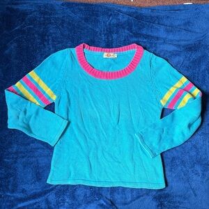 Vibrant Blue Sweater with Pink and Yellow Accents